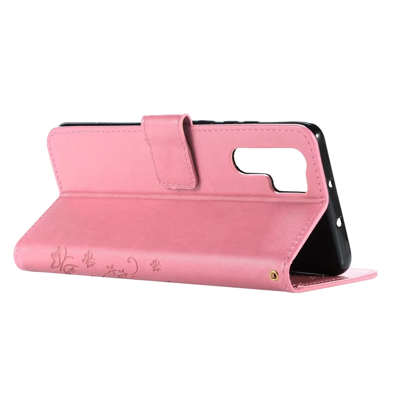 Imprint Butterfly Flower Stand Leather Wallet Shell for Huawei P30 Pro - Pink
