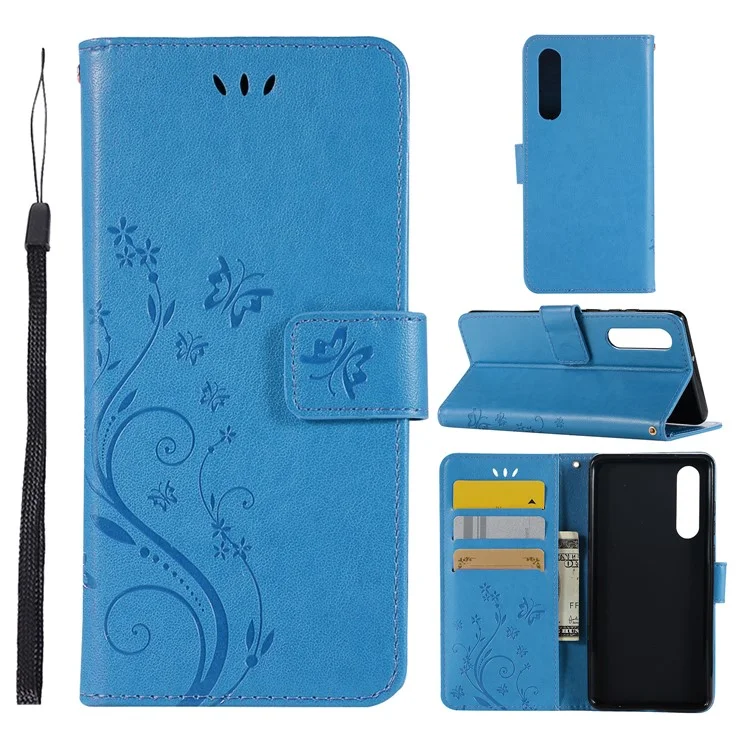 For Huawei P30 Imprint Butterfly Flower Leather Case with Wallet Stand - Blue