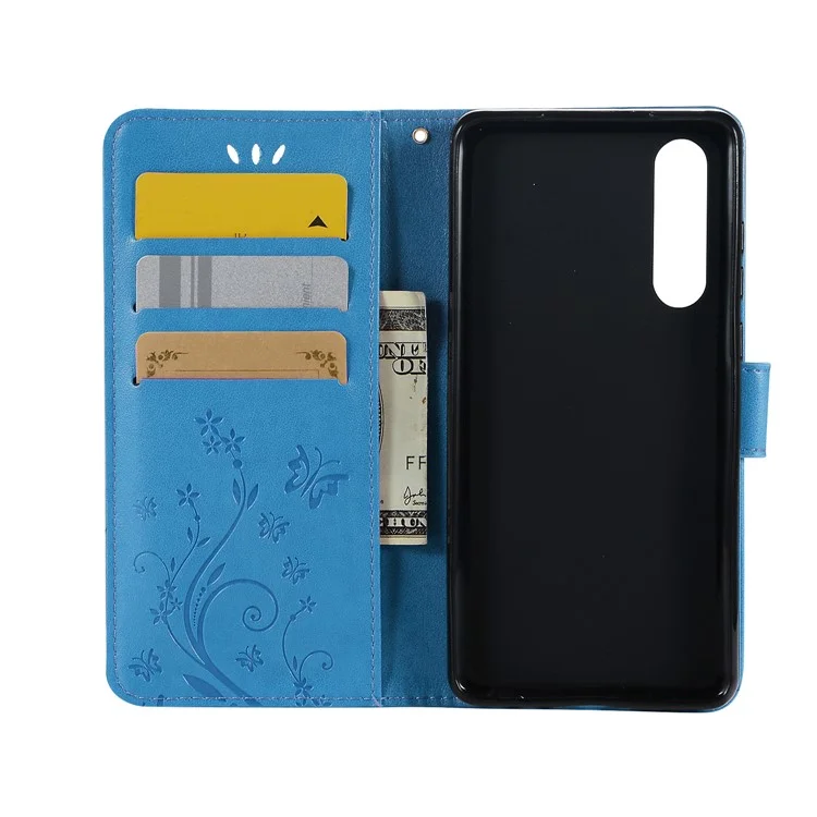 For Huawei P30 Imprint Butterfly Flower Leather Case with Wallet Stand - Blue