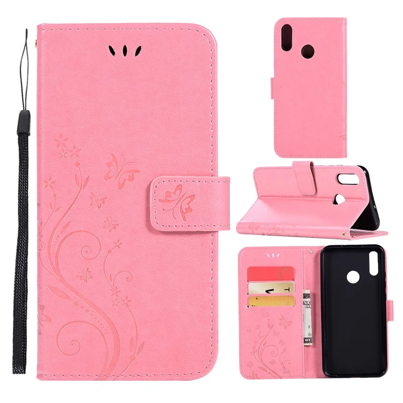 Imprint Butterfly Flower Stand Leather Wallet Shell for Huawei Honor 10 Lite / P Smart (2019) - Pink