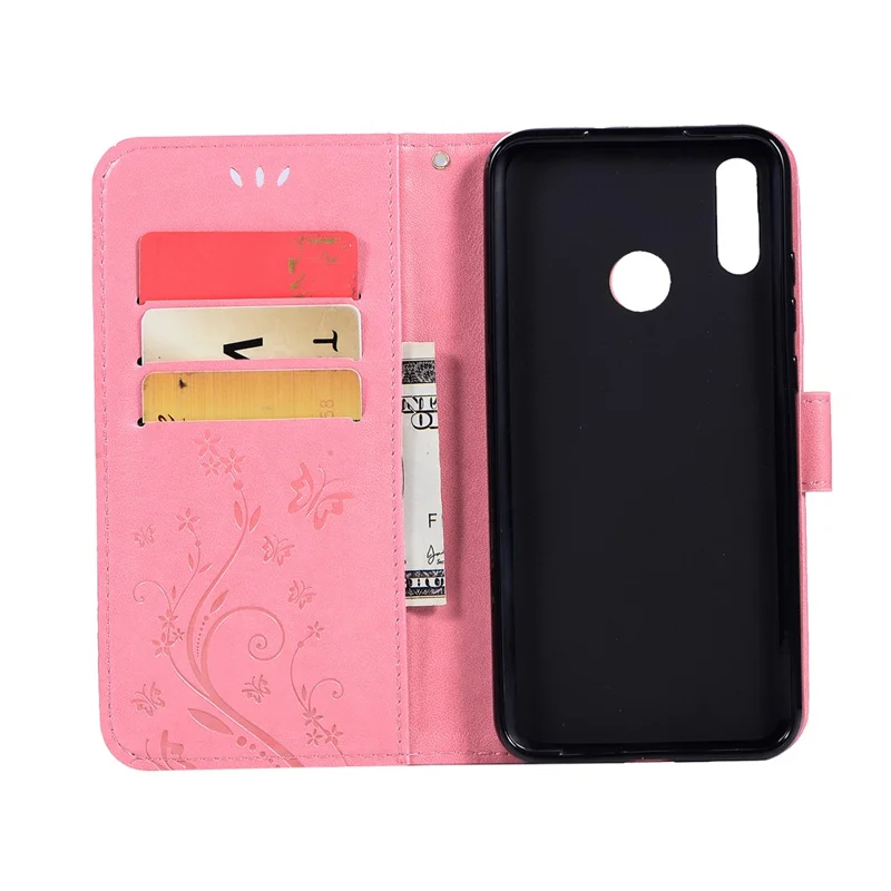 Imprint Butterfly Flower Stand Leather Wallet Shell for Huawei Honor 10 Lite / P Smart (2019) - Pink