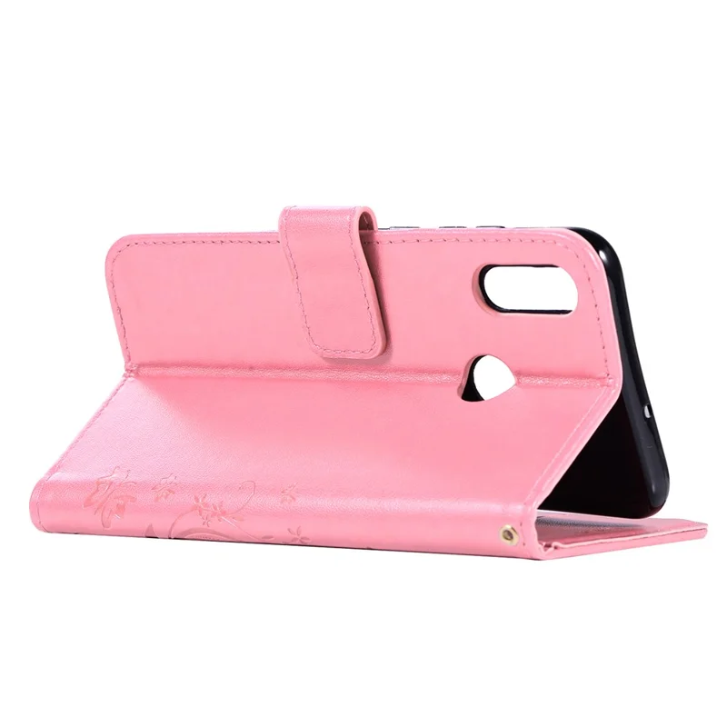 Imprint Butterfly Flower Stand Leather Wallet Shell for Huawei Honor 10 Lite / P Smart (2019) - Pink