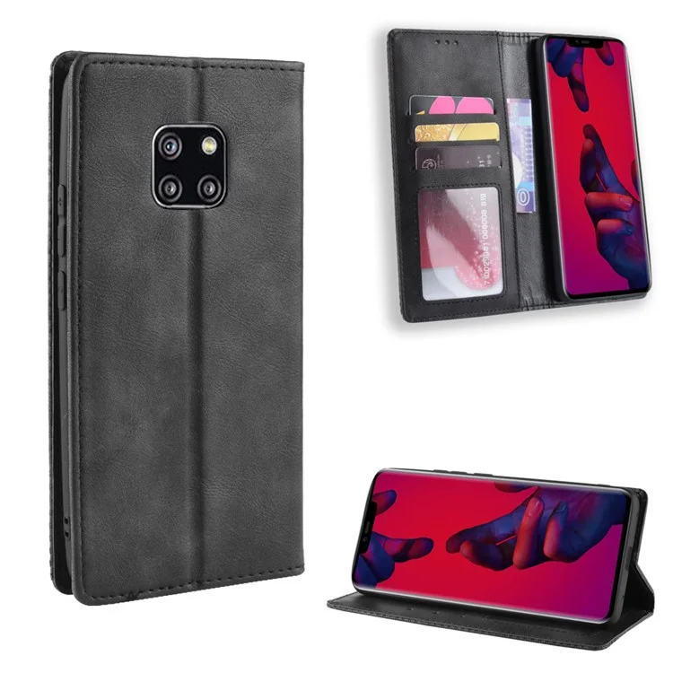 Vintage Style Leather Auto-absorbed Wallet Cover for Huawei Mate 20 Pro - Black