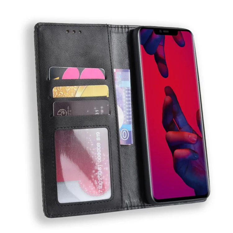 Vintage Style Leather Auto-absorbed Wallet Cover for Huawei Mate 20 Pro - Black