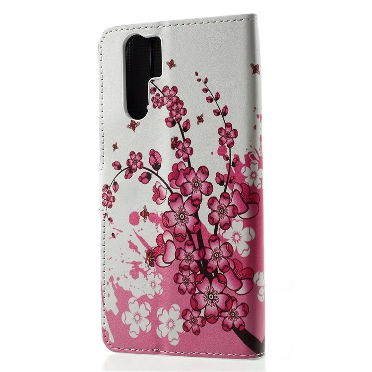 Patterned PU Leather Wallet Stand Phone Accessory Case for Huawei P30 Pro - Pink Peach Flowers