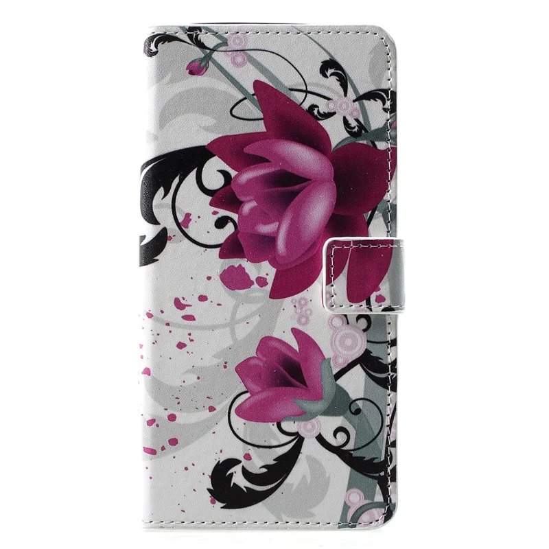 Patterned PU Leather Wallet Stand Mobile Casing for Huawei P30 Pro - Purple Flowers