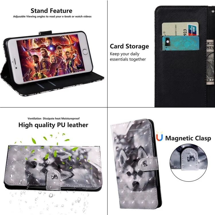 Leichte Stelle Dekor Gemusterte Brieftasche Lederstand Hülle Für Huawei Honor 10 Lite / P Smart (2019) - Schwarz -weiß -wolf