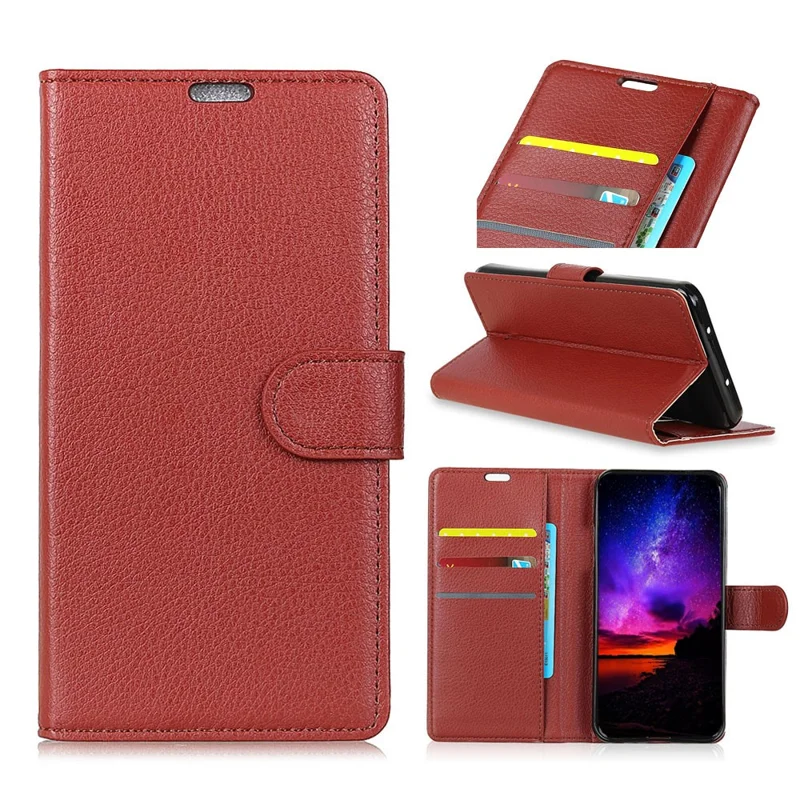 For Huawei P30 Lite Shockproof Phone Bag Covering Litchi Skin Wallet Leather Stand Case - Brown