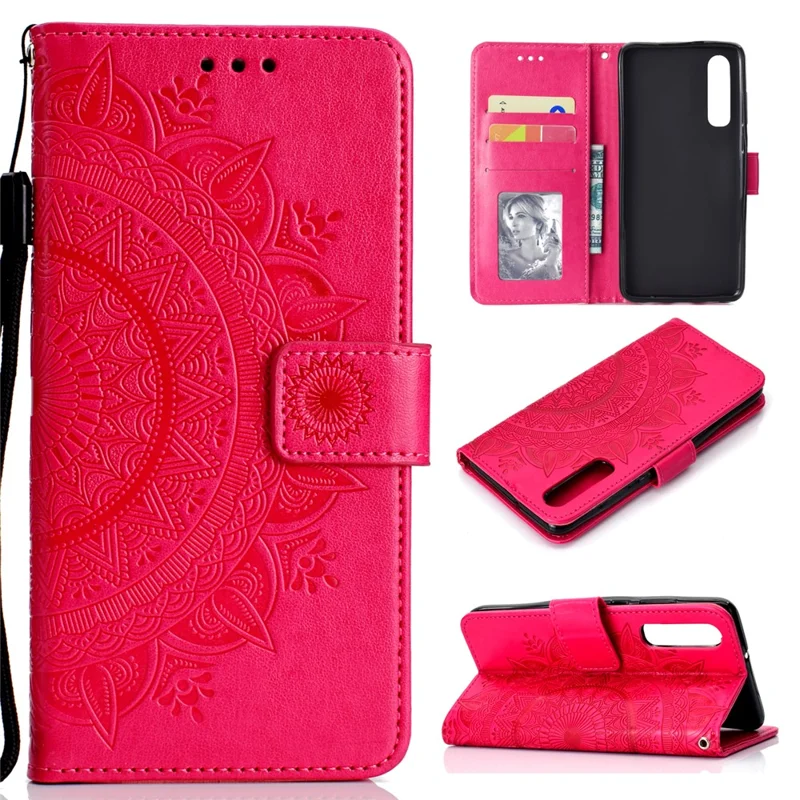 For Huawei P30 Protection Shell Mandala Flower Wallet PU Leather Case - Red