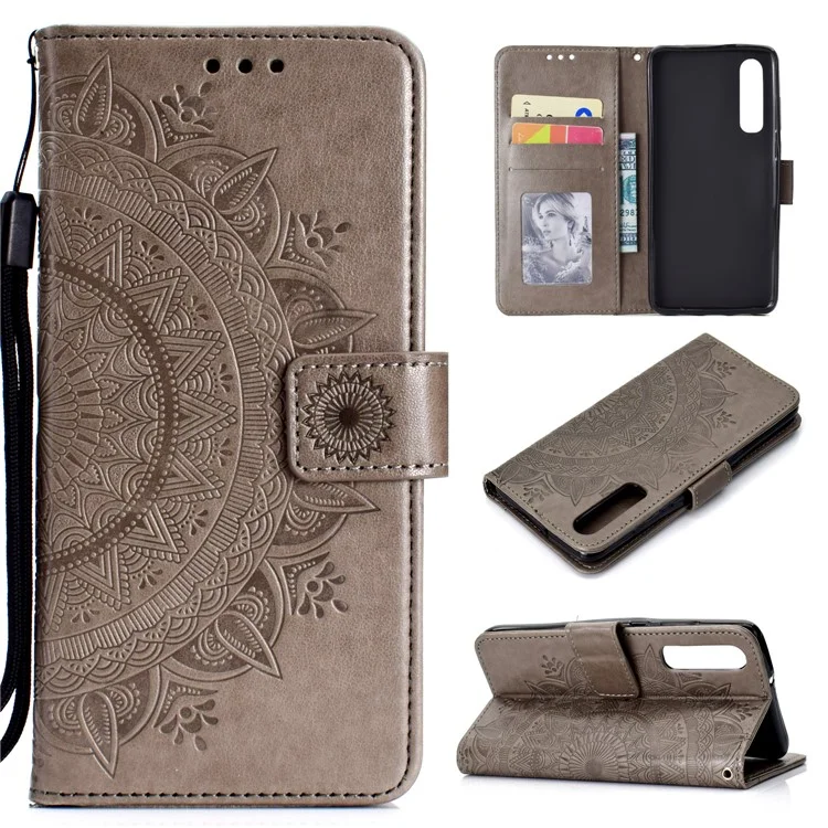 For Huawei P30 Protective Case Mandala Flower Wallet PU Leather Case - Grey