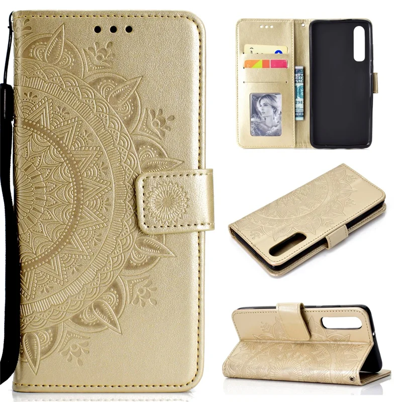 For Huawei P30 Beskyttelsesdæksel Mandala Blomst Wallet PU Læder Case - Guld