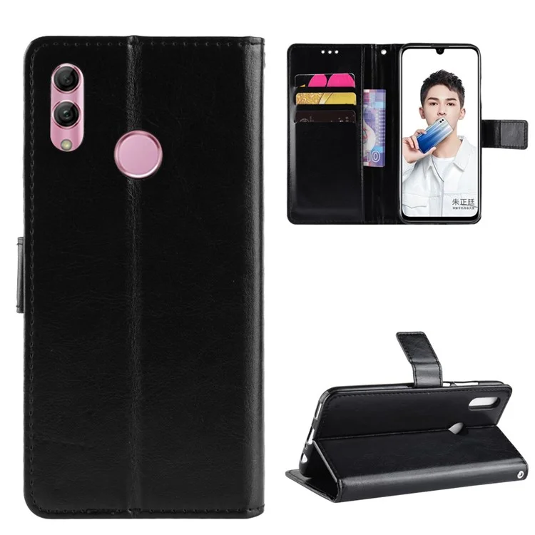 Crazy Horse Wallet Leather Phone Casing with Strap for Huawei P Smart (2019) / Honor 10 Lite - Black