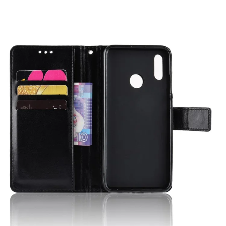 Crazy Horse Wallet Leather Phone Casing with Strap for Huawei P Smart (2019) / Honor 10 Lite - Black