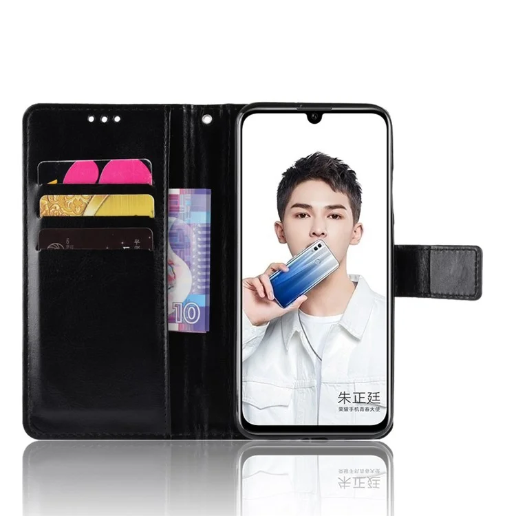 Crazy Horse Wallet Leather Phone Casing with Strap for Huawei P Smart (2019) / Honor 10 Lite - Black