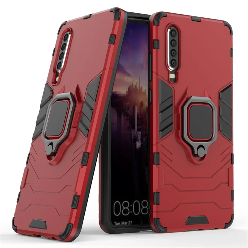 For Huawei P30 Finger Ring Kickstand PC + TPU Hybrid Cell Phone Cover - Red