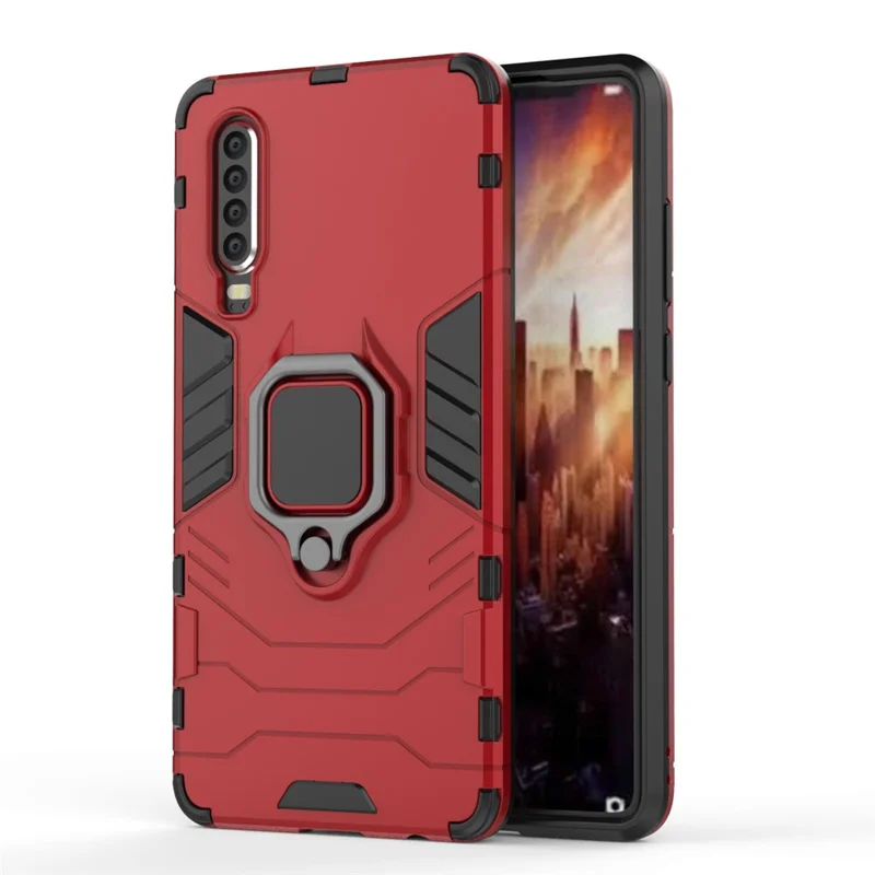 For Huawei P30 Finger Ring Kickstand PC + TPU Hybrid Cell Phone Cover - Red