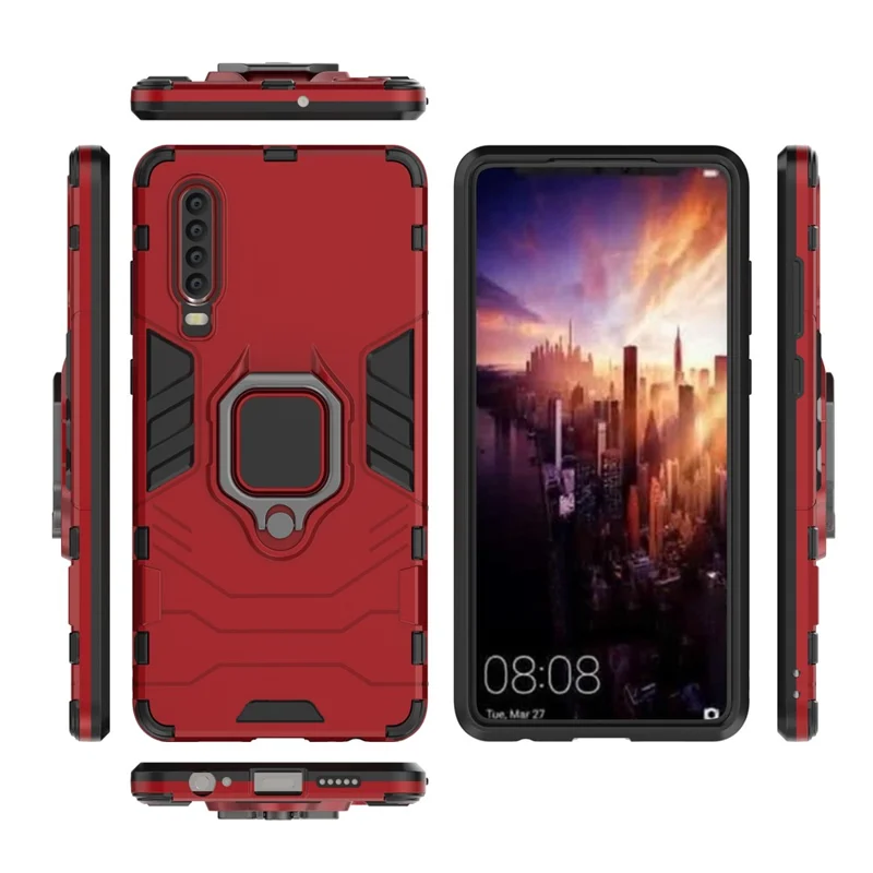 For Huawei P30 Finger Ring Kickstand PC + TPU Hybrid Cell Phone Cover - Red