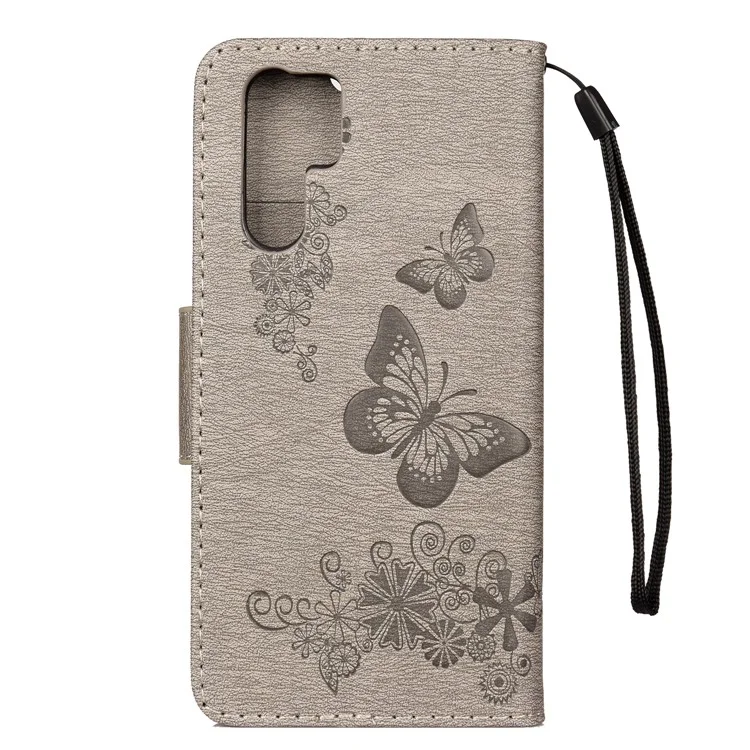 Imprint Butterfly Flower Leather Wallet Cover for Huawei P30 Pro - Grey