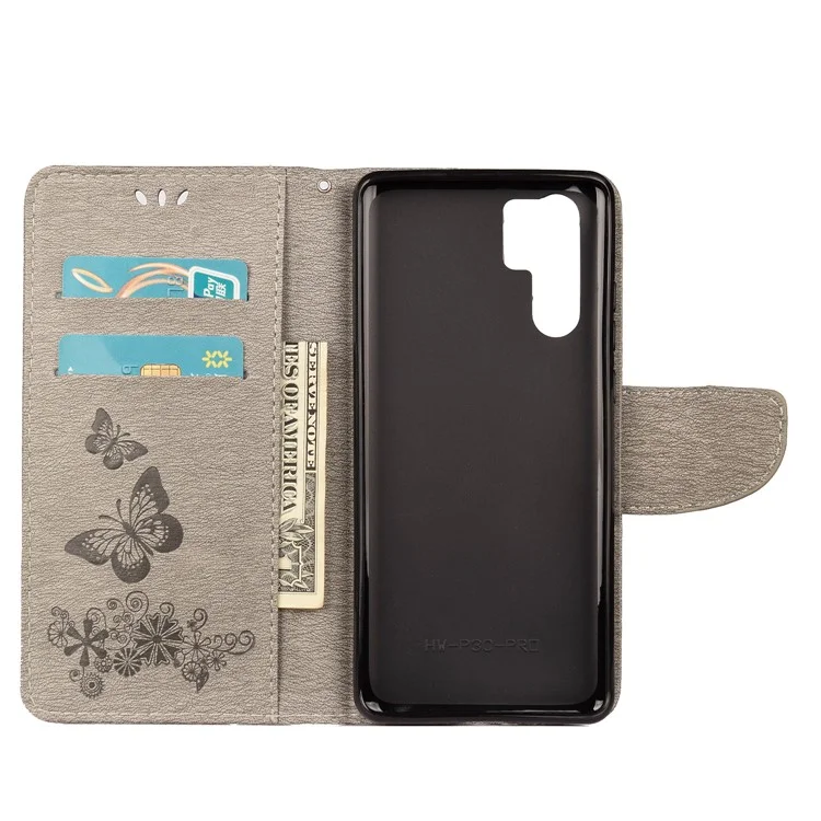 Imprint Butterfly Flower Leather Wallet Cover for Huawei P30 Pro - Grey