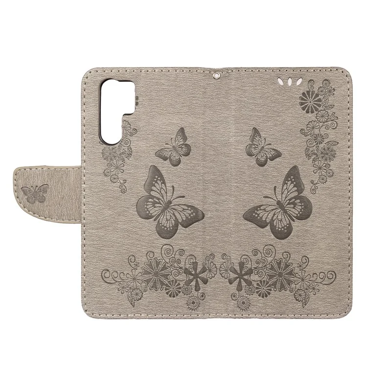 Imprint Butterfly Flower Leather Wallet Cover for Huawei P30 Pro - Grey