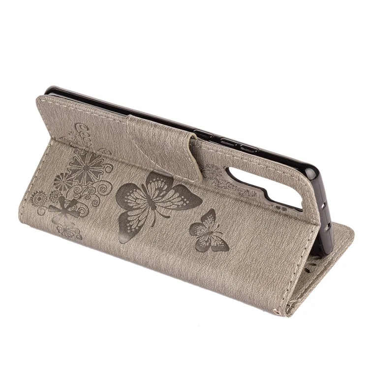 Imprint Butterfly Flower Leather Wallet Cover for Huawei P30 Pro - Grey