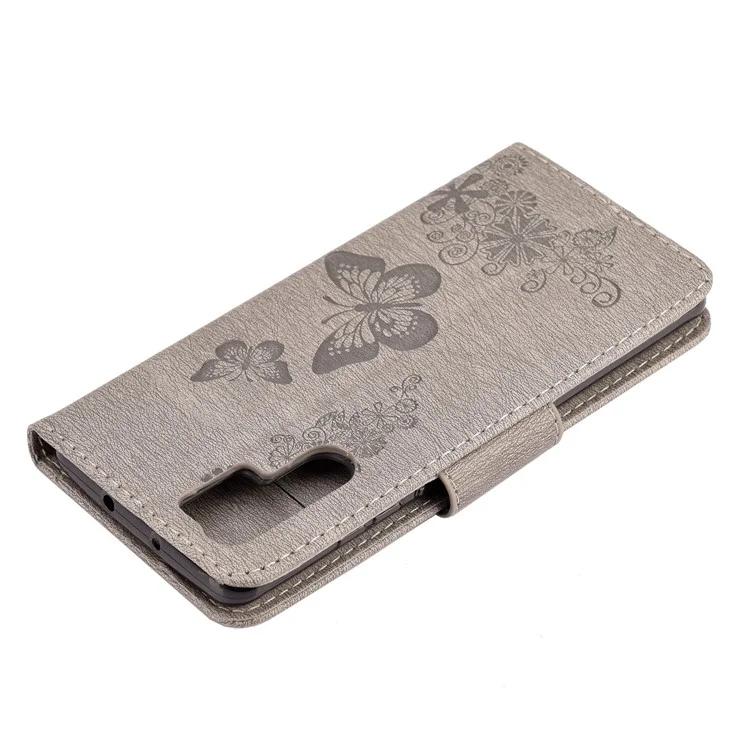 Imprint Butterfly Flower Leather Wallet Cover for Huawei P30 Pro - Grey