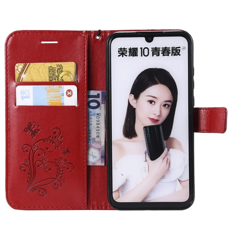 KT Imprinting Flower Series-2 [Imprint Butterfly] Stand Leather Cover for Huawei Honor 10 Lite / P Smart (2019) - Red