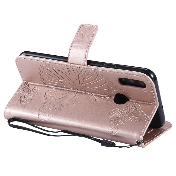 For Huawei Honor 10 Lite / P Smart (2019) Wallet Case Floral Butterfly Imprinted Leather Phone Cover Stand - Rose Gold