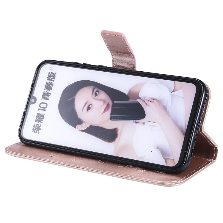For Huawei Honor 10 Lite / P Smart (2019) Wallet Case Floral Butterfly Imprinted Leather Phone Cover Stand - Rose Gold