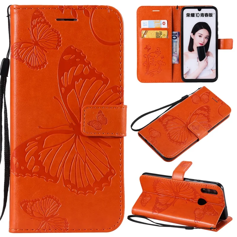 For Huawei Honor 10 Lite / P Smart (2019) Wallet Case Floral Butterfly Imprinted Leather Phone Cover Stand - Orange