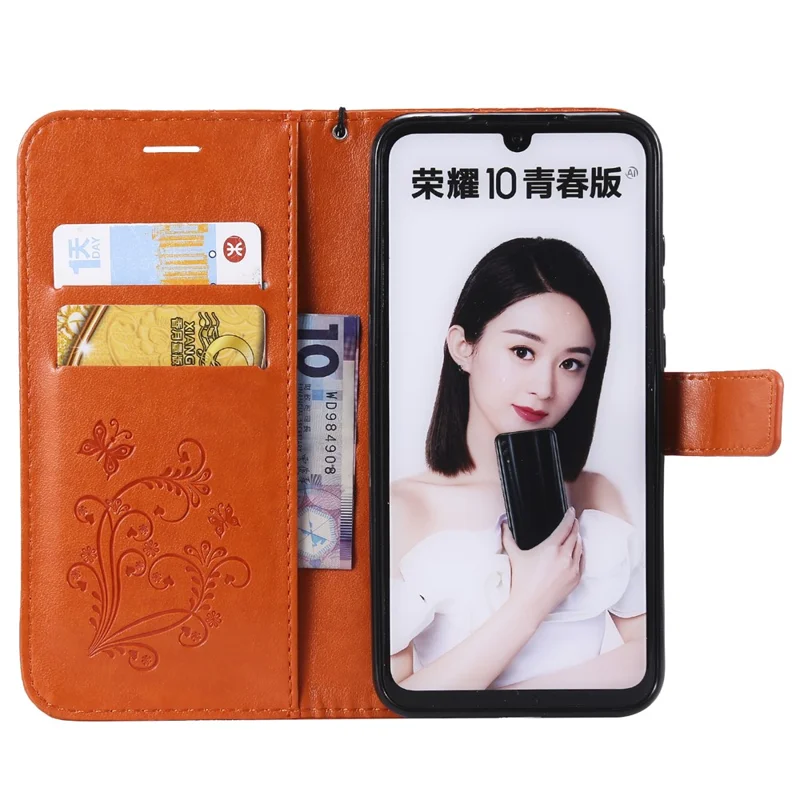 For Huawei Honor 10 Lite / P Smart (2019) Wallet Case Floral Butterfly Imprinted Leather Phone Cover Stand - Orange