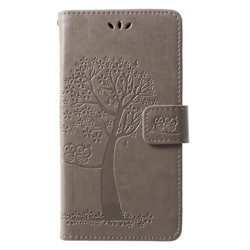 Imprint Tree Owl Pattern Card Holder Leather Cell Phone Cover for Huawei P30 Lite - Grey