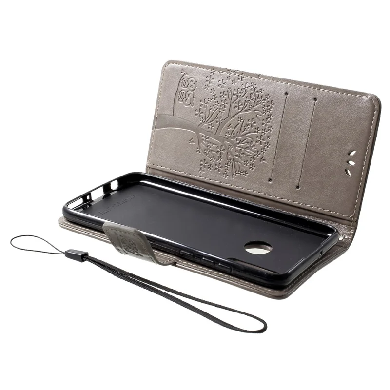 Imprint Tree Owl Pattern Card Holder Leather Cell Phone Cover for Huawei P30 Lite - Grey