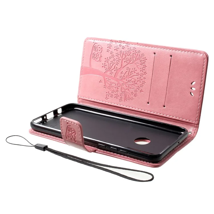 Impressum Tree Owl Muster Kartenhalter Leder Handy Shell Für Huawei P30 Lite - Rosa