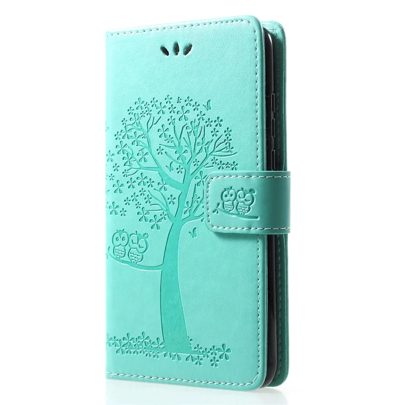 Imprint Tree Owl Pattern Card Holder Leather Mobile Case for Huawei P30 Lite - Cyan