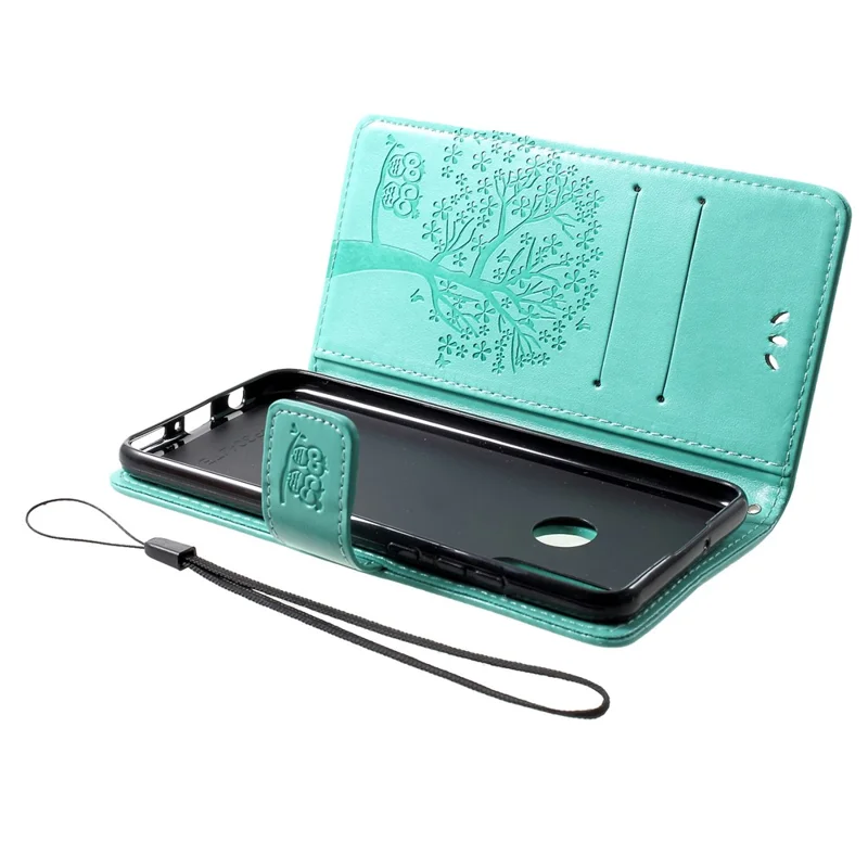 Imprint Tree Owl Pattern Card Holder Leather Mobile Case for Huawei P30 Lite - Cyan