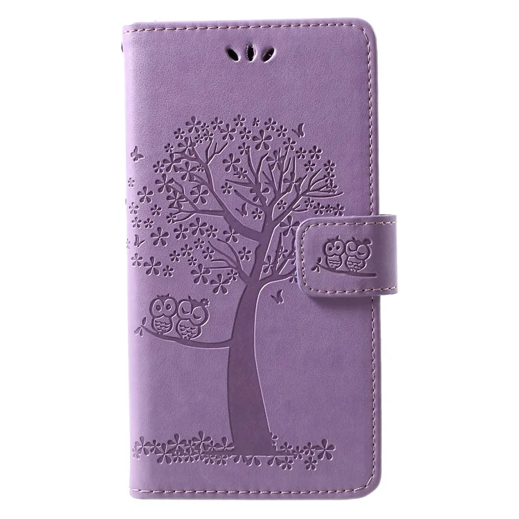 Imprint Tree Owl Pattern Card Holder Leather Mobile Shell for Huawei P30 Lite - Light Purple