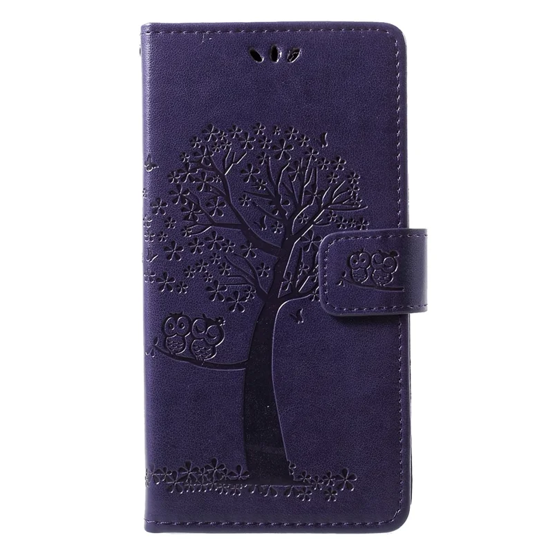 Imprint Tree Owl Pattern Card Holder Leather Cellphone Shell for Huawei P30 Lite - Dark Purple