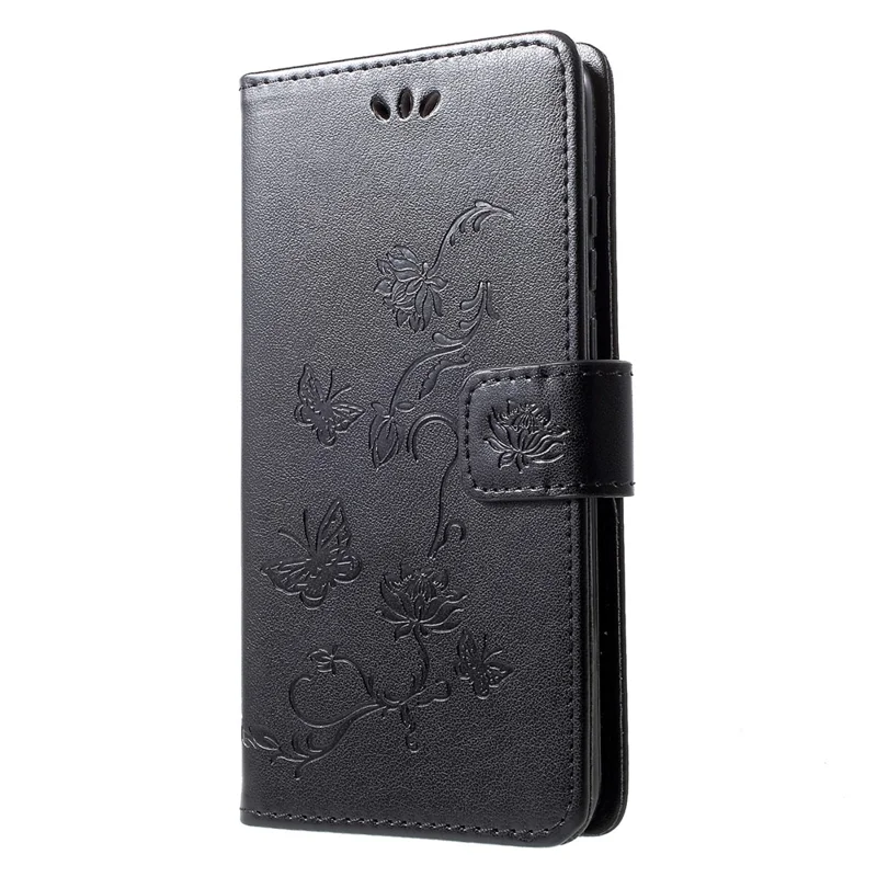 Imprint Butterfly Flower [Wallet Stand] Leather Phone Case for Huawei P30 Lite - Black