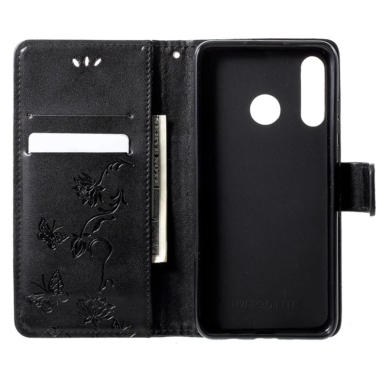 Imprint Butterfly Flower [Wallet Stand] Leather Phone Case for Huawei P30 Lite - Black
