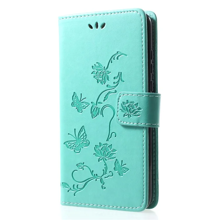 Impronta Flower Butterfly Flower [portafoglio] Custodia Per Cellulare in Pelle Per Huawei P30 Lite - Ciano