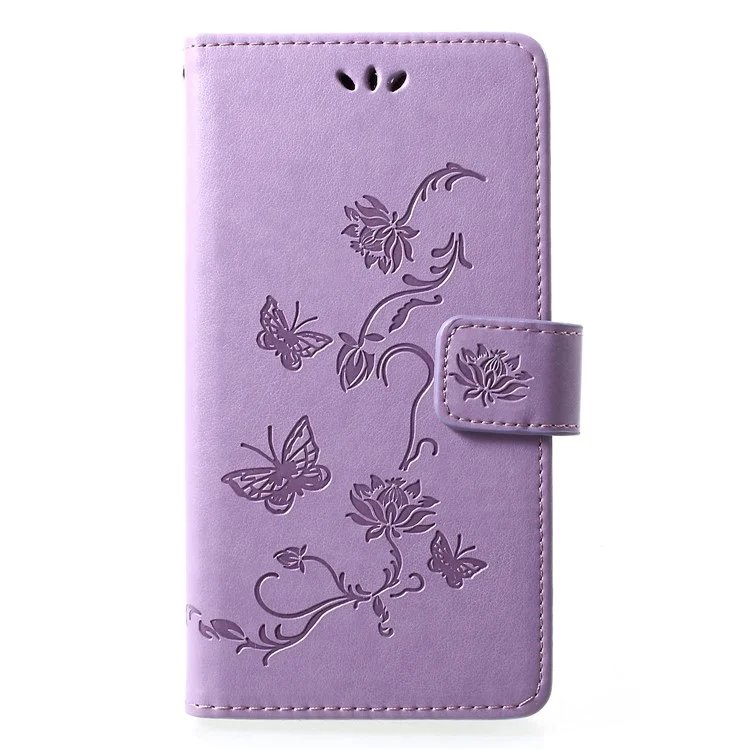 Imprint Butterfly Flower [Wallet Stand] Leather Mobile Casing Cover for Huawei P30 Lite - Light Purple