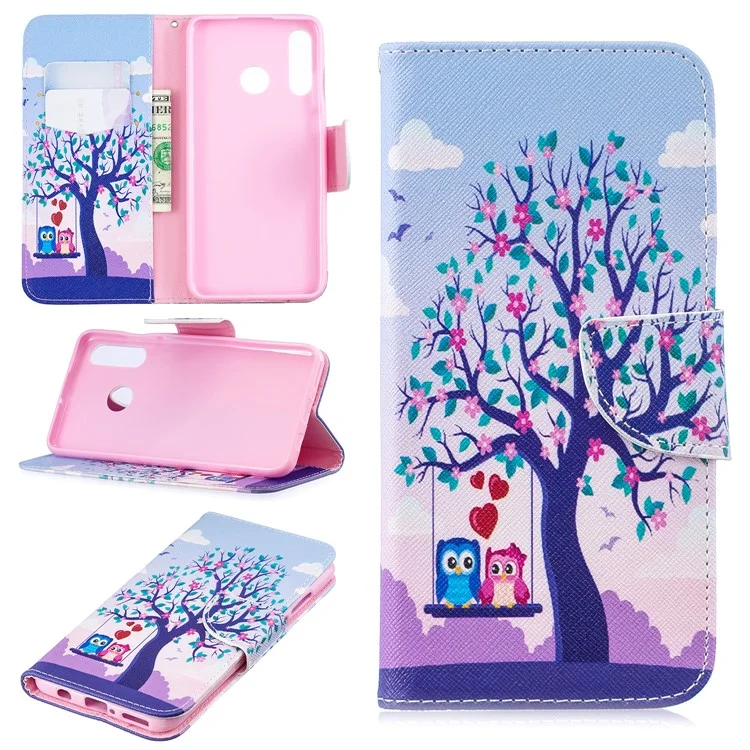 Para Huawei P30 Lite Pattern Printing Leather Stand Willet Case - Árbol y Búhos