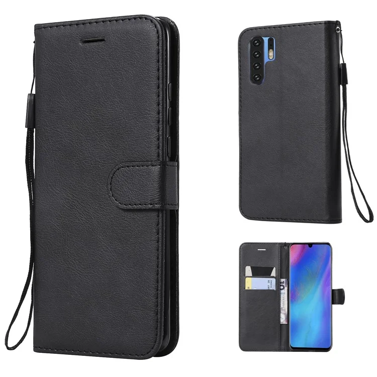 Custodia a portafoglio in pelle tinta unita con supporto per Huawei P30 Pro - Nero