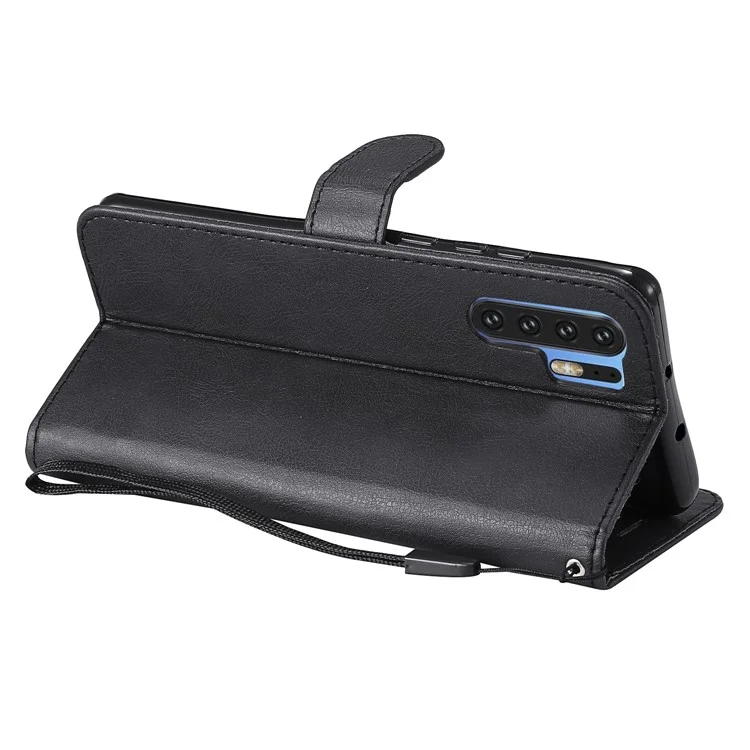 Custodia a portafoglio in pelle tinta unita con supporto per Huawei P30 Pro - Nero