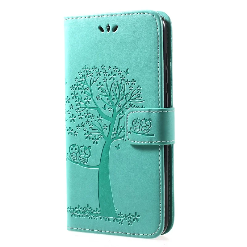 Imprint Tree Owl Magnetic Leather Stand Cover for Huawei Y7 (2019) - Green