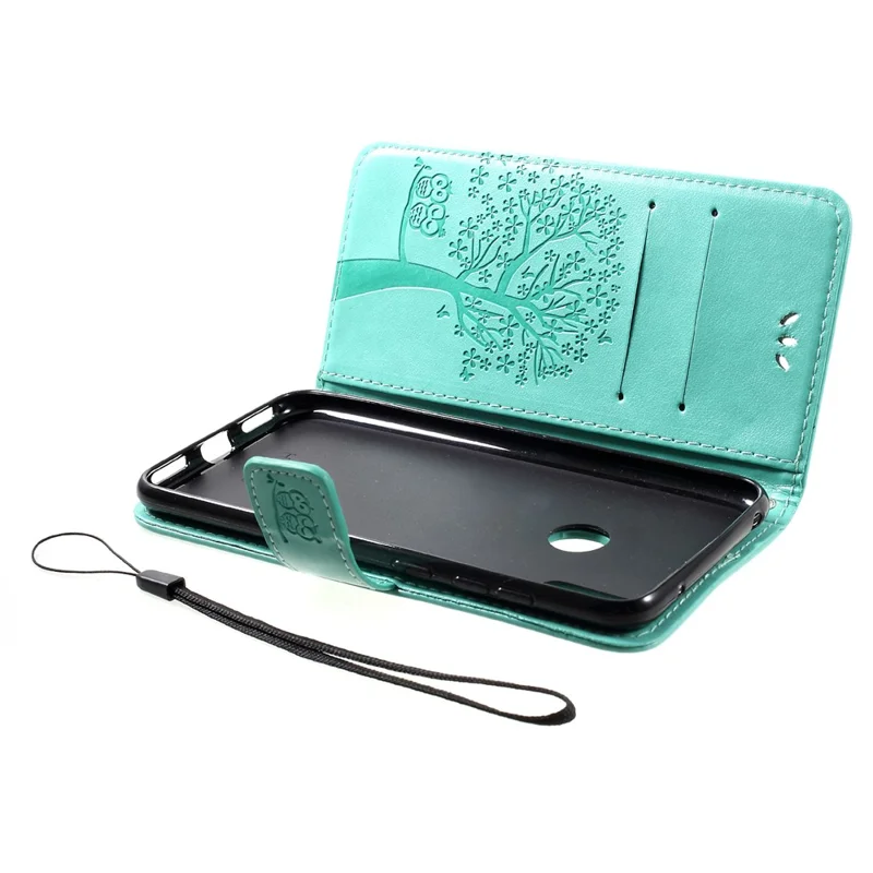 Imprint Tree Owl Magnetic Leather Stand Cover for Huawei Y7 (2019) - Green