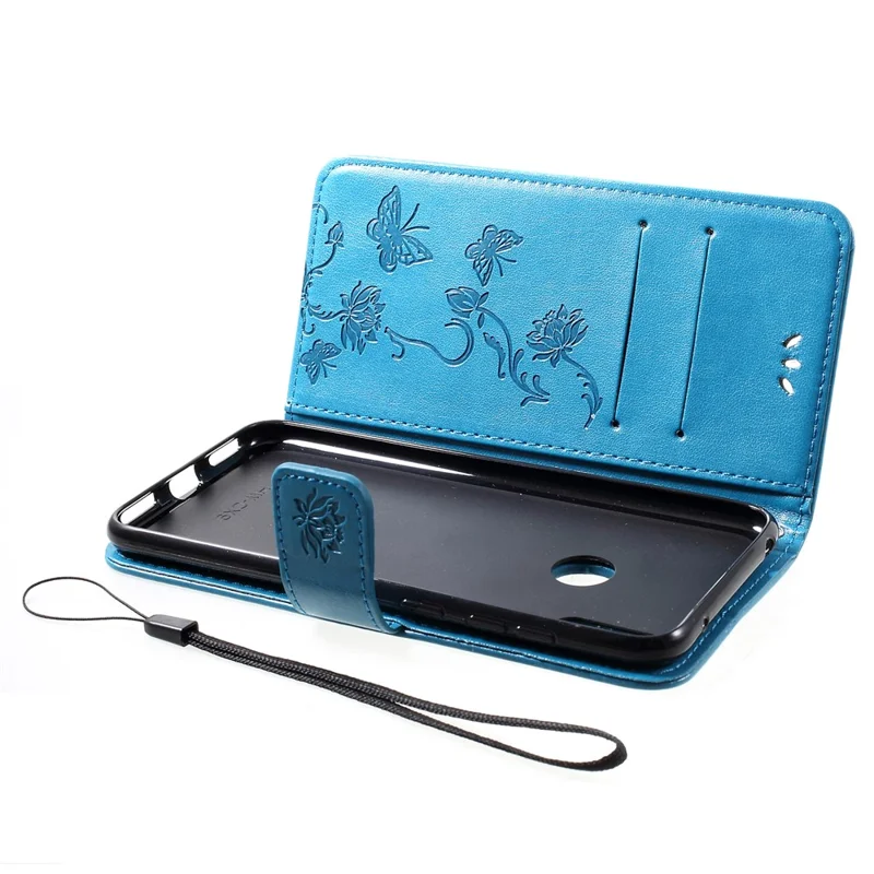 For Huawei Y7 (2019) Imprint Butterfly Flower Leather Mobile Shell [Wallet Stand] - Blue