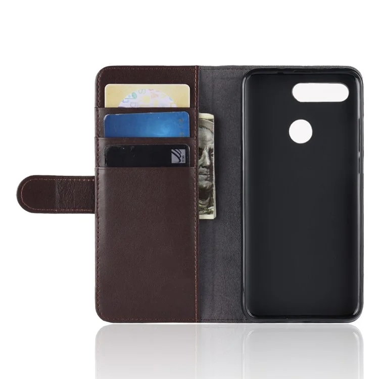 Genuine Split Leather Wallet Cell Phone Case for Huawei Honor View 20/Honor V20 - Brown