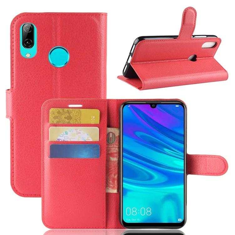 Litchi Skin PU Leather Case Magnetic Closure Folio Flip Wallet Stand  Shell for Huawei P30 Lite - Red